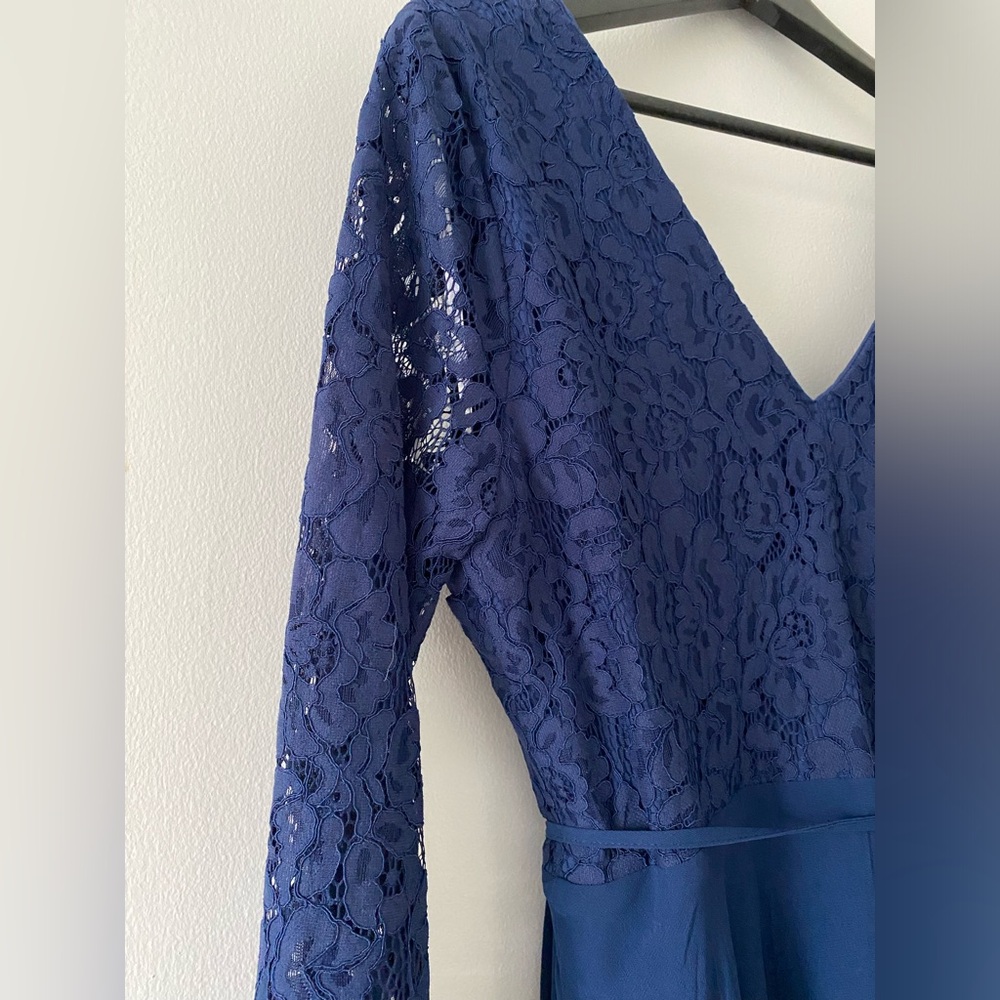 Utterly In Love Navy Blue Lace Long Sleeve Wrap Dress - Picture 3 of 6